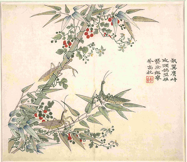 Bamboo and Mantis, Leaf from the Mustard Seed Garden Painting Manual, part 3, Wang Gai (Chinese, 1645–1710), Woodblock print; ink and color on paper, China 