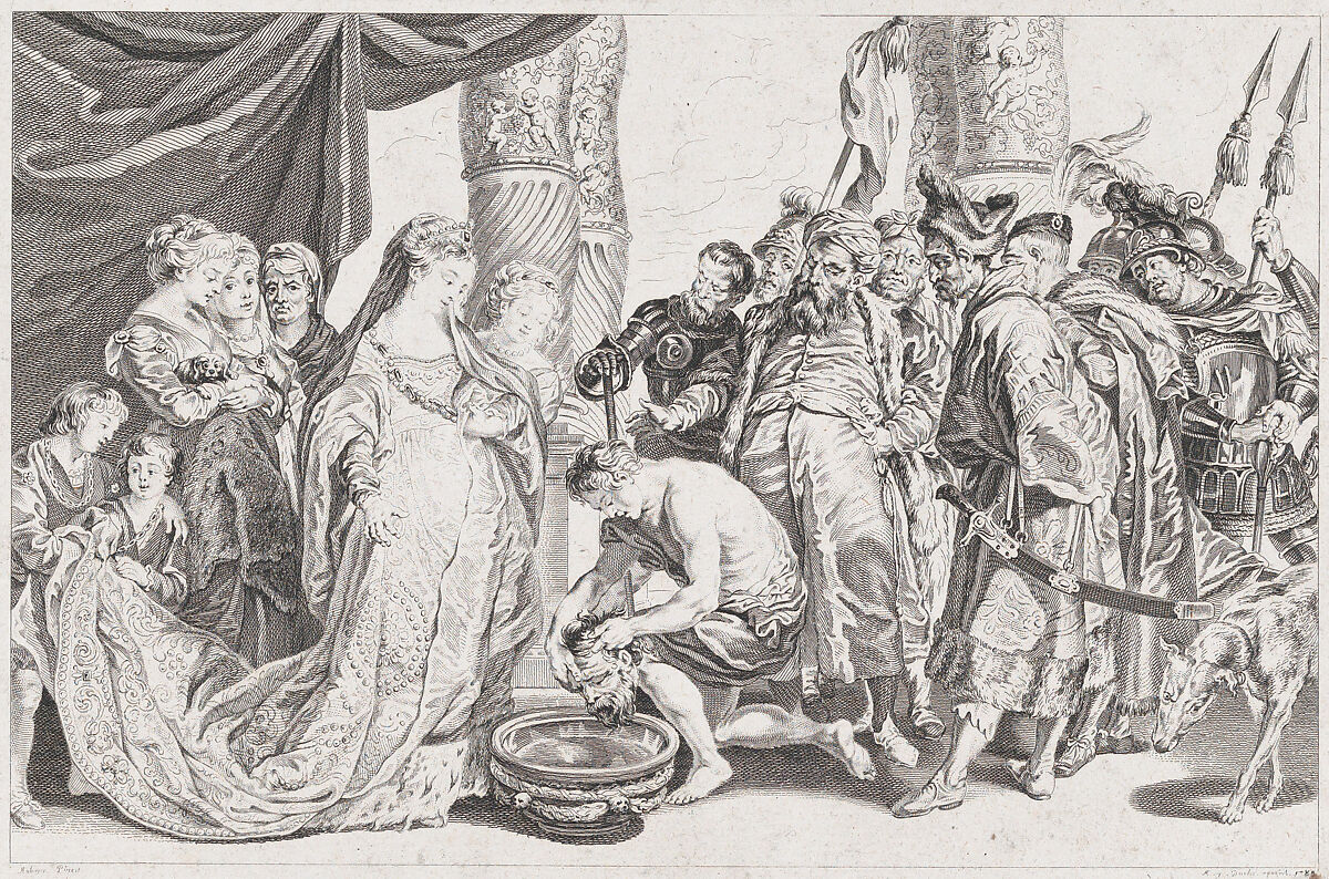 The Head of Cyrus brought to Queen Tomyris, Antoine Jean Duclos (French, Paris 1742–1795 Paris), Etching; proof 