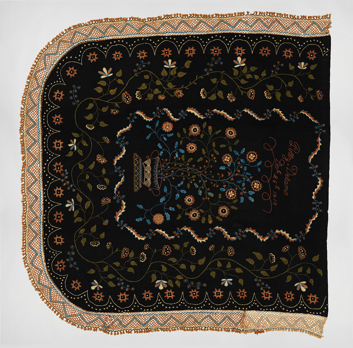 Embroidered blanket, Polly Delano (American, Rochester, Massachusetts 1795-1864 Plymouth, Massachusetts), Wool, American 