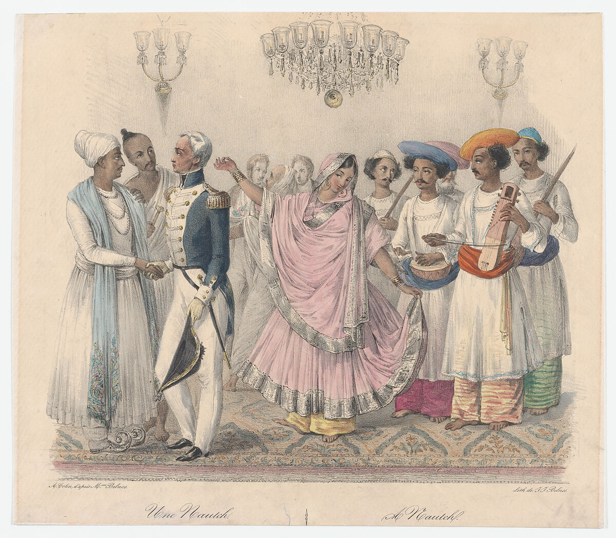Une Nautch; from Twenty four Plates Illustrative of Hindoo and European Manners in Bengal, Alexandre-Marie Colin (French, Paris 1798–1875 Paris), Hand-colored lithograph 