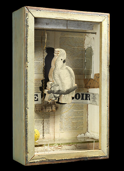 Untitled (Juan Gris Series, Le Soir), Joseph Cornell (American, Nyack, New York 1903–1972 Flushing, New York), Wood, paper collage, corkball, metal hoop, chain and mirror in glass and wood box construction