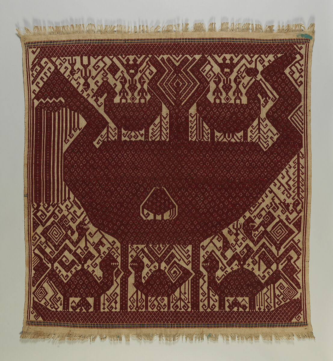 Ceremonial Textile (Tampan), Handspun, undyed cotton plain weave; discontinuous supplementary weft of cotton or silk; natural dyes, Lampung people