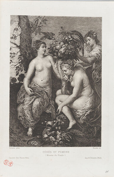 Allegory of abundance: Ceres holding a cornucopia at left and Pomona at right feeding fruit to a monkey, from "Gazette des Beaux-Arts", Charles Louis Kratké (French, Paris 1848–1921), Etching 