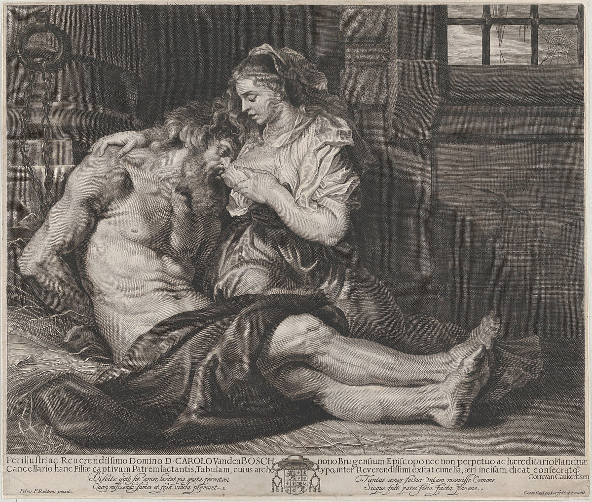 Cimon and Pero, Cornelis van Caukercken (Flemish, probably Antwerp ca. 1625–1680 Bruges), Engraving; first state of two (Hollstein) 