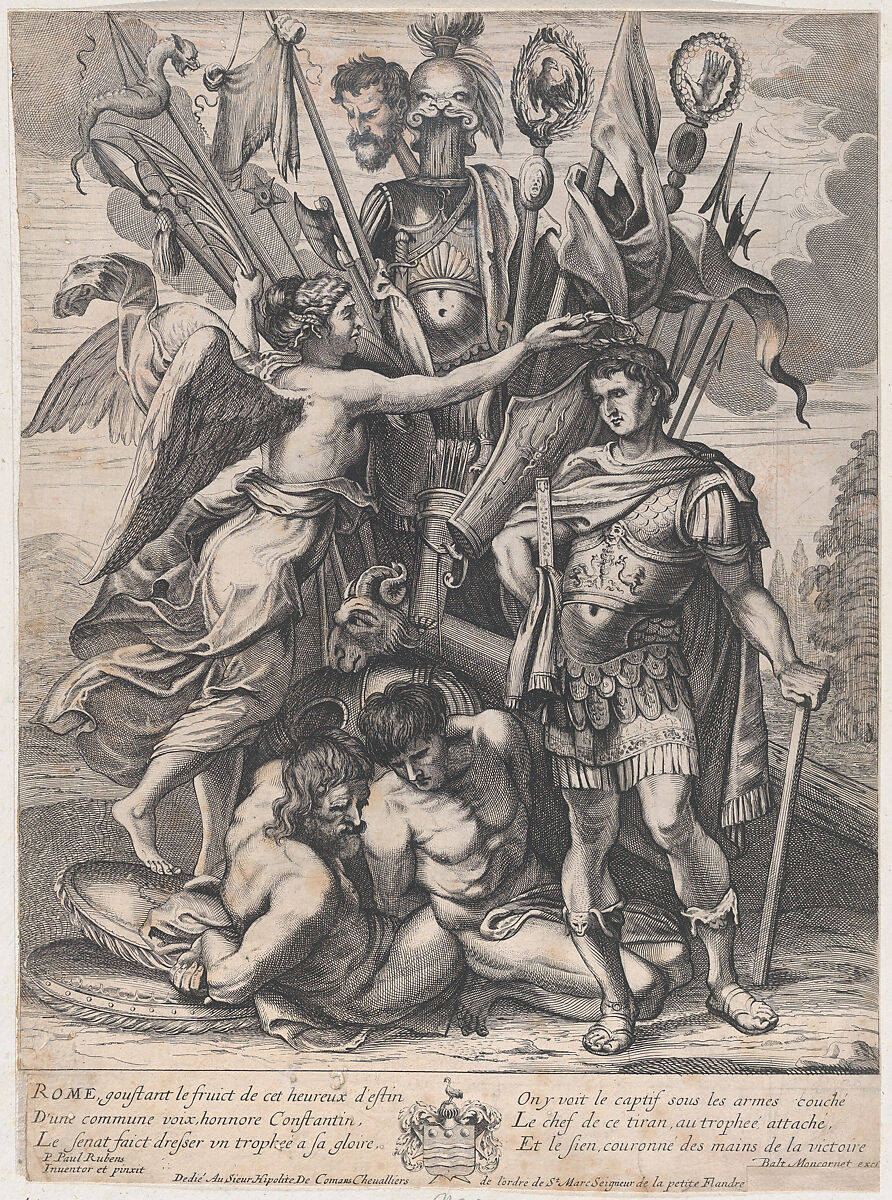 The Trophy of Constantine, with Victory at left crowning the emperor with a laurel, behind them a bounty of arms, armor, prisoners, and Maxentius' head on a stick, Anonymous, Etching and engraving 