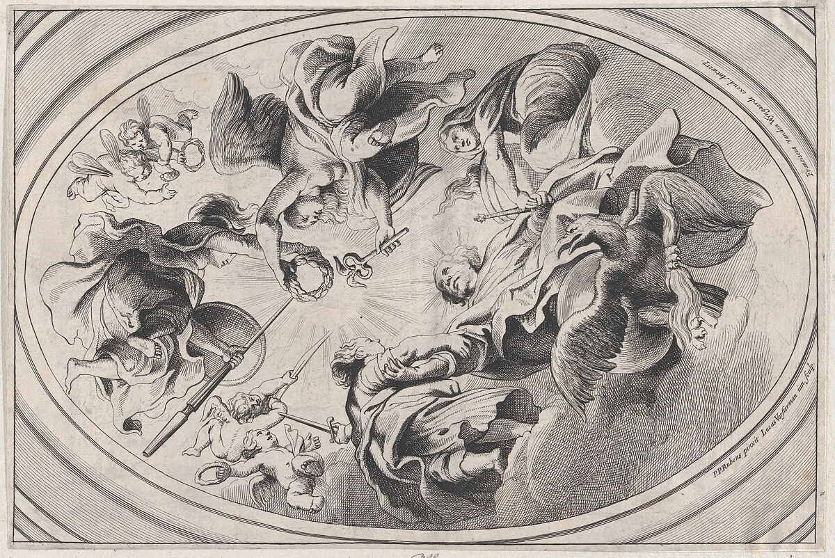 Apotheosis of James I, with the king seated at the bottom, an eagle below him, two angels holding a laurel above him, surrounded by putti, Lucas Vorsterman II (Flemish, Antwerp 1624–after 1666 Antwerp), Etching; second state of three (Hollstein) 