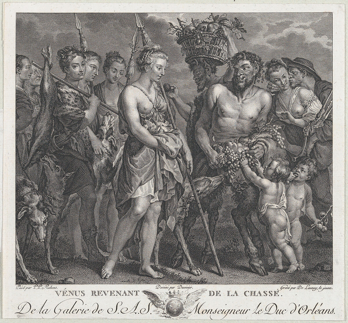 Diana returning from the chase, accompanied by dogs and her nymphs at left, two satyrs at right, Robert de Launay (French, Paris 1749–1814 Paris), Engraving 