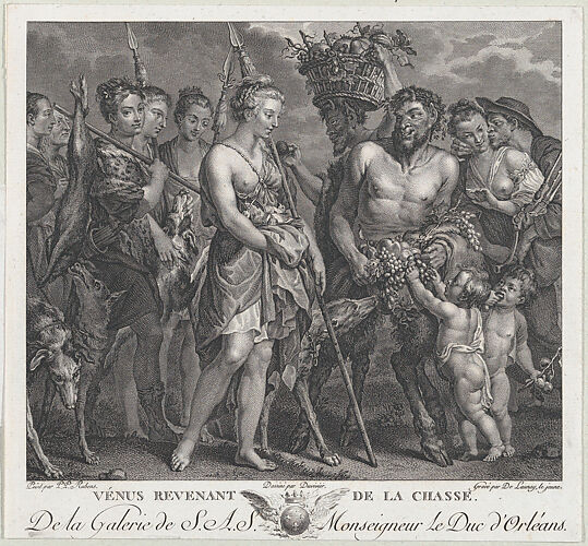 Diana returning from the chase, accompanied by dogs and her nymphs at left, two satyrs at right