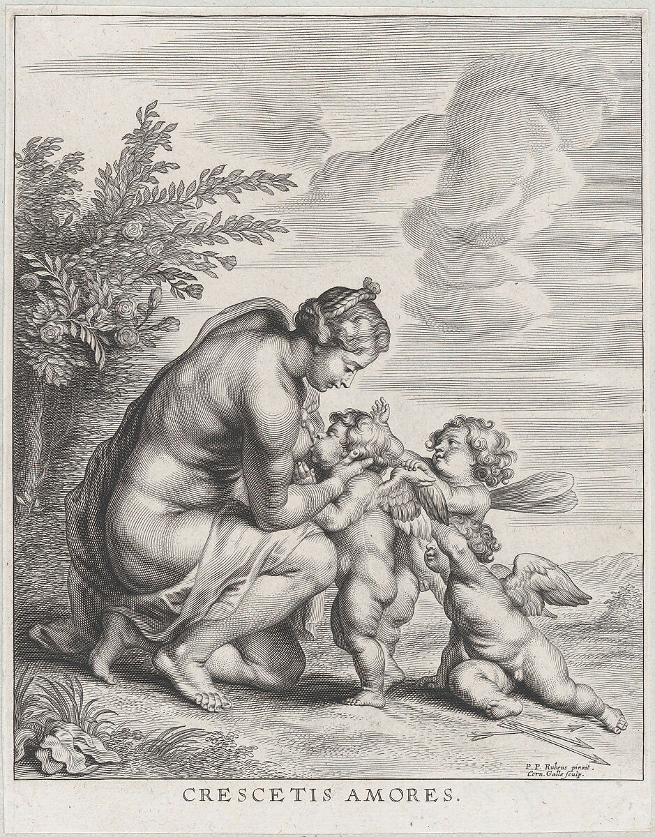 Venus nursing three Cupids in a landscape, Cornelis Galle II (Flemish, Antwerp 1615–1678 Antwerp), Engraving 
