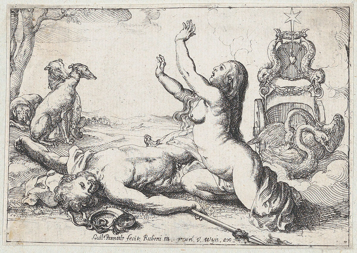 Venus mourning Adonis, who lies on the ground at left with his dogs behind him, Willem Panneels (Flemish, ca. 1600–after 1632), Etching 