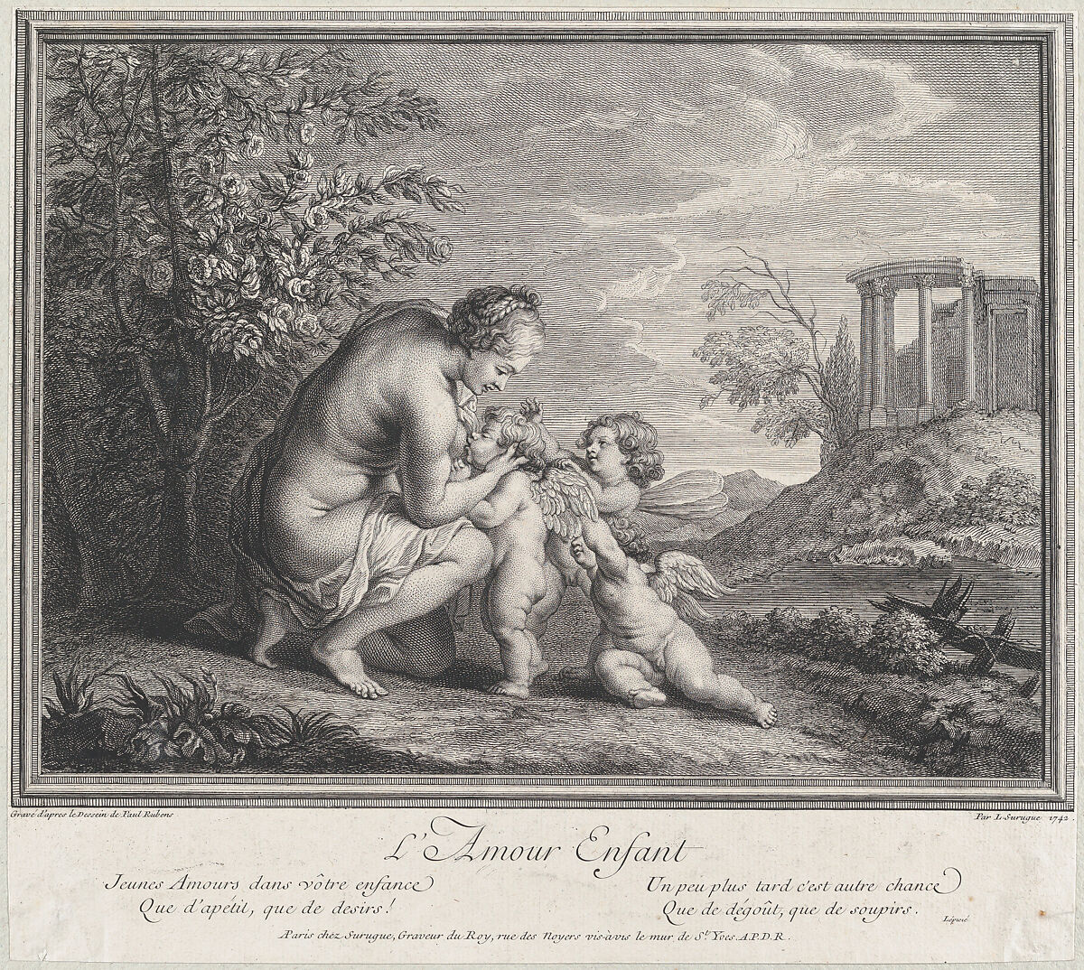 Venus nursing three Cupids in a landscape, Louis Surugue (French, Paris ca. 1686–1762 Grand Vaux), Engraving 