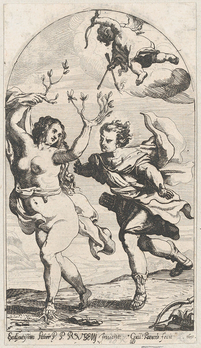 Daphne fleeing from Apollo, with Cupid overhead, Willem Panneels (Flemish, ca. 1600–after 1632), Etching; second state of two (Hollstein) 