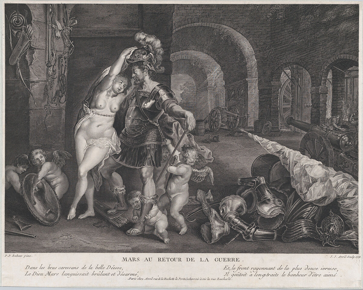The Return from War: Mars Disarmed by Venus, Jean Jacques Avril, the Elder (French, Paris 1744–1831 Paris), Engraving; second state of two (Dutuit) 