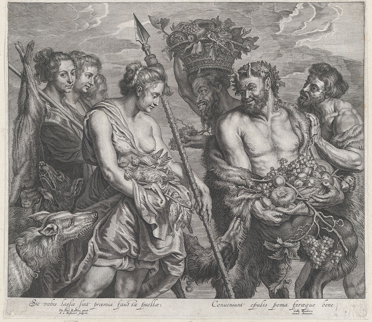 Diana returning from the chase, accompanied by dogs and her nymphs at left, two satyrs at right, Schelte Adams à Bolswert (Dutch, Bolsward 1581–1659 Antwerp), Engraving; second state of two (Hollstein) 