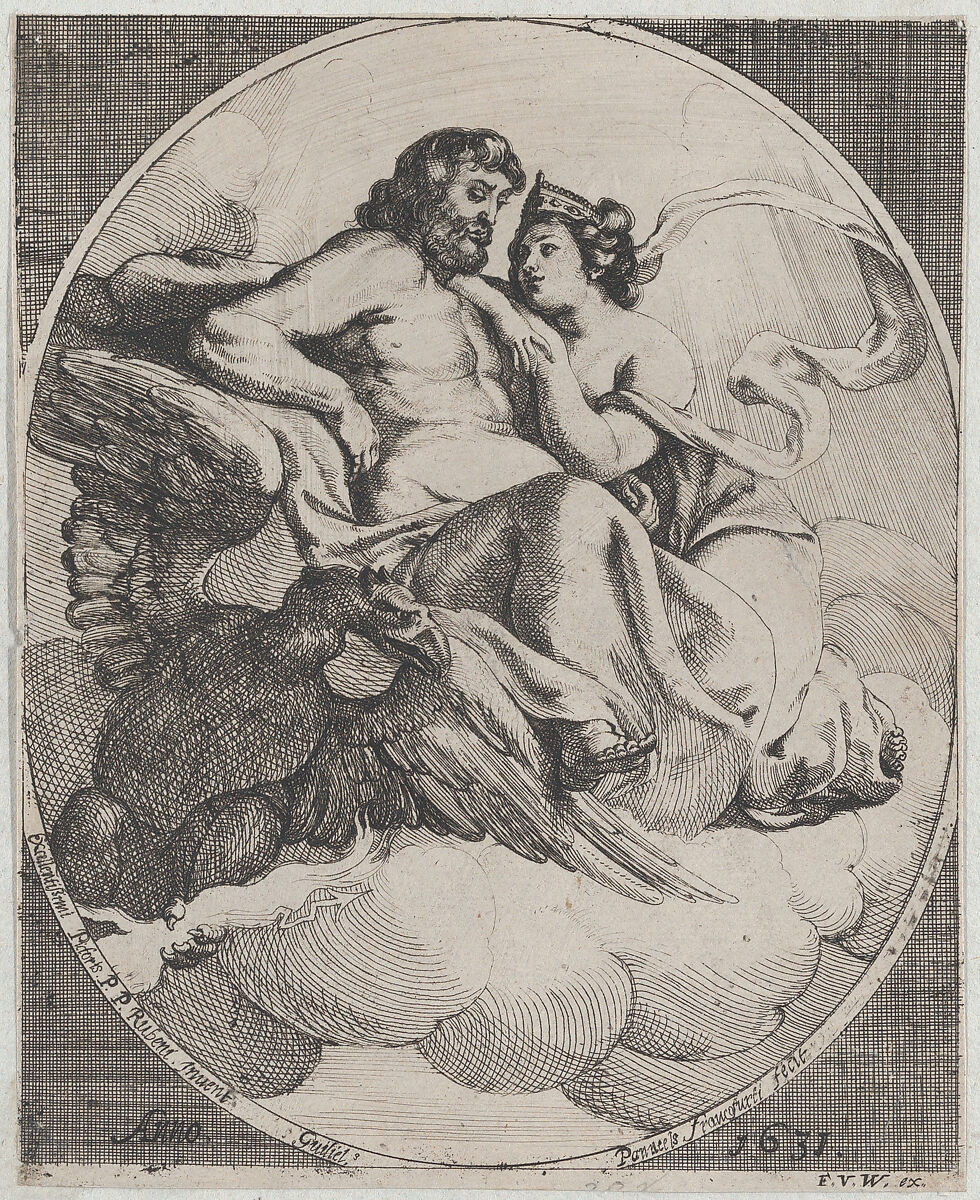 Jupiter and Juno seated on clouds, with an eagle holding thunderbolts below at left, Willem Panneels (Flemish, ca. 1600–after 1632), Etching; second state of two (Hollstein) 