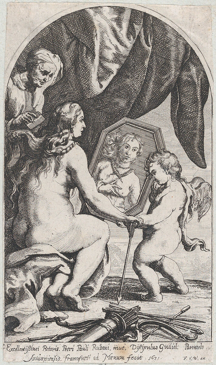 Venus before a mirror held by Cupid while her hair is combed by an old woman, Willem Panneels (Flemish, ca. 1600–after 1632), Etching; second state of two (Hollstein) 