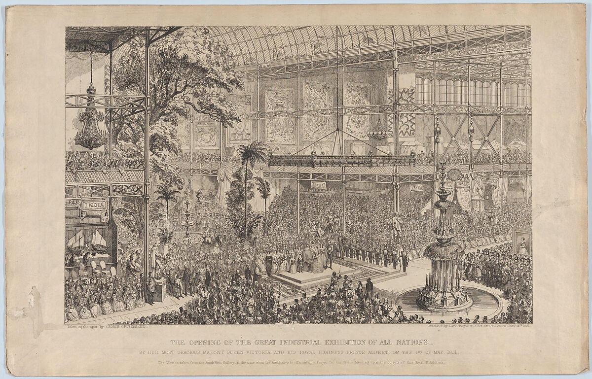 The Opening of the Great Industrial Exhibition of All Nations, by Her Most Gracious Majesty Queen Victoria and His Royal Highness Prince Albert, on the 1st of May, 1851: The View is Taken from the South West  Gallery, at the time when the Archbishop is offering up a Prayer for the Divine blessing upon the objects in the Exhibition, George Cruikshank (British, London 1792–1878 London), Etching 