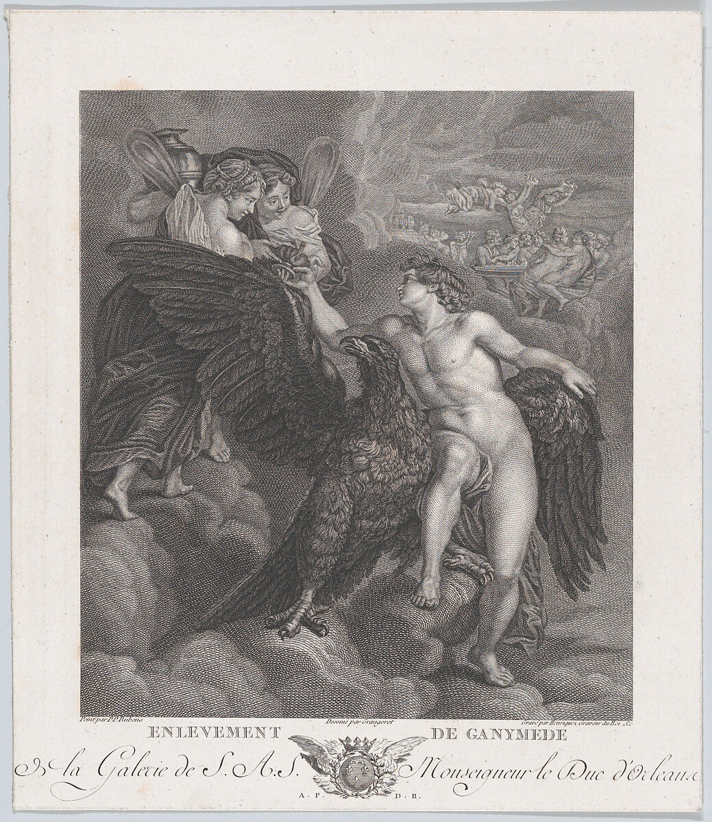 Ganymede, leaning on an eagle, receiving the cup from Hebe, Benoît Louis Henriquez (French, Paris 1732–1806 Paris), Engraving 