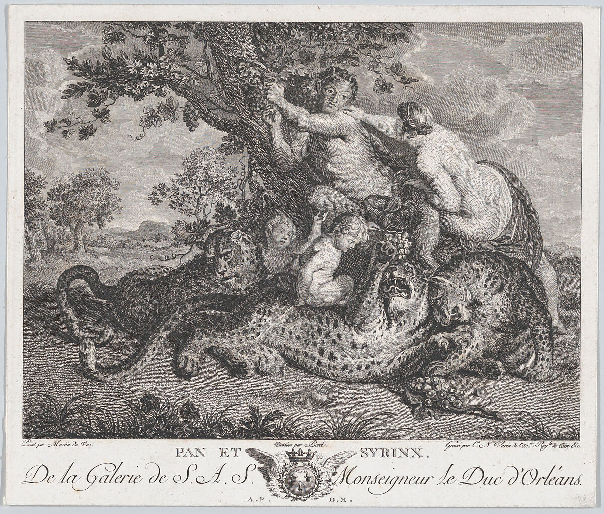 Pan picking grapes while Syrinx grabs his shoulder, with three leopards and two putti below them, Charles Nicolas Varin (French, Châlons-sur-Marne 1741–1812 Châlons-sur-Marne), Engraving 
