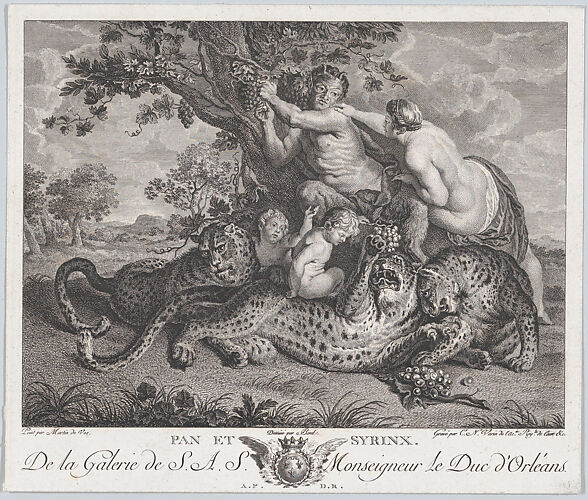 Pan picking grapes while Syrinx grabs his shoulder, with three leopards and two putti below them
