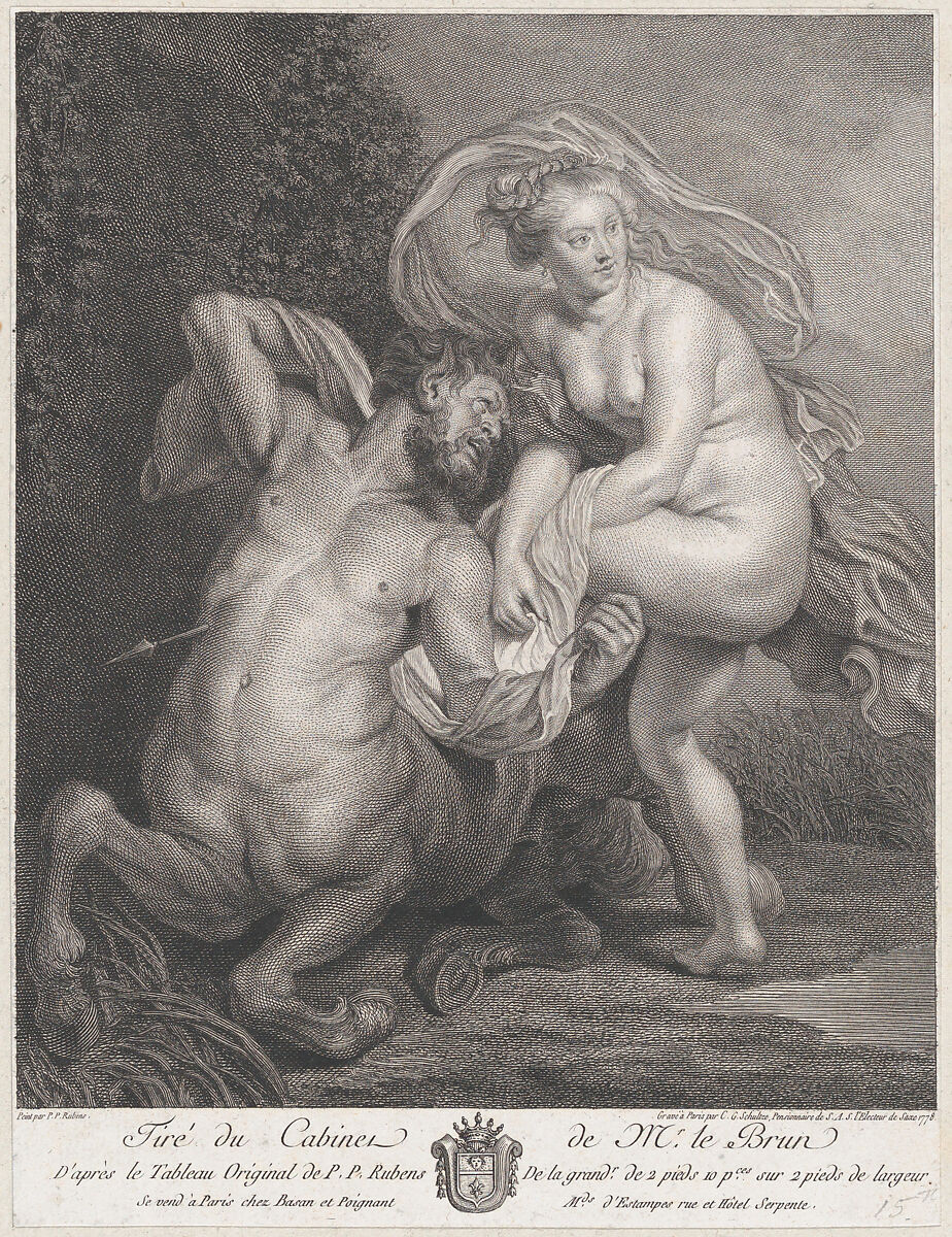 Deianeira receiving the poisoned tunic from Nessus, and the wounded centaur falling to the ground at left, Christian Gottfried Schultze (German, Dresden 1749–1819), Engraving 