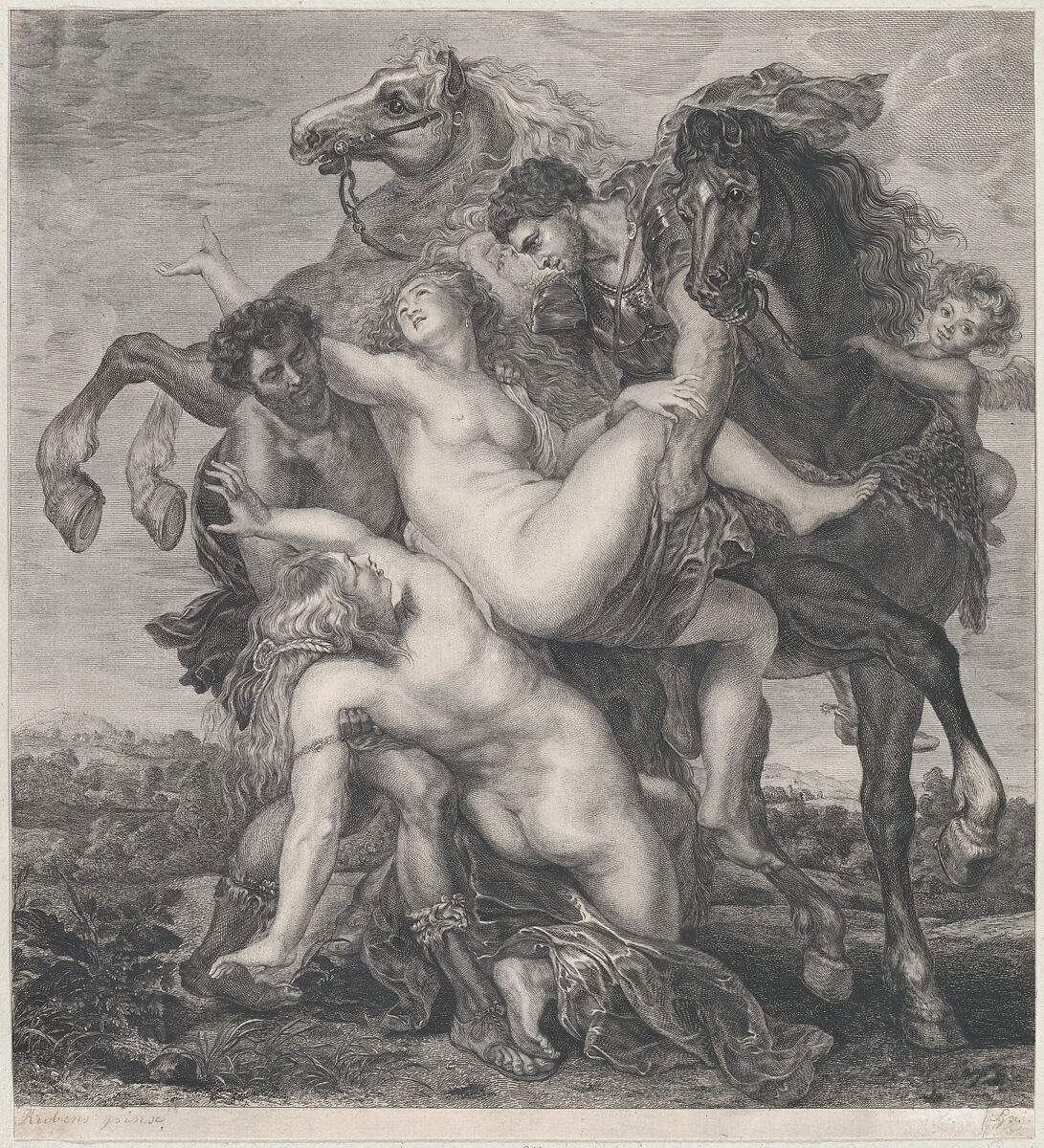 Phoebe and Hilaeria, the daughters of Leucippus, being abducted by Castor and Pollux, Anonymous, Engraving 