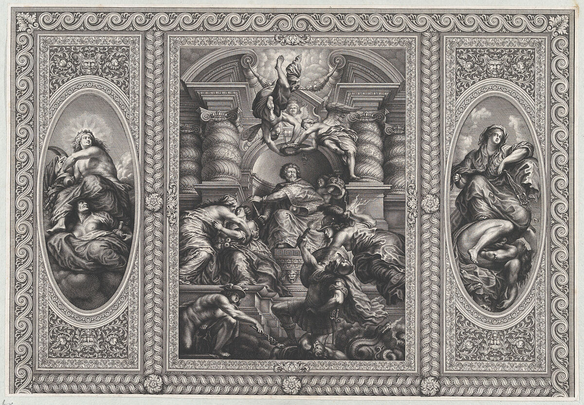 James I appointing Charles as King of Scotland at center, Minerva spearing Ignorance at right, and Hercules beating Envy at left, Simon Gribelin II (Paris 1661–1733, active London), Engraving 
