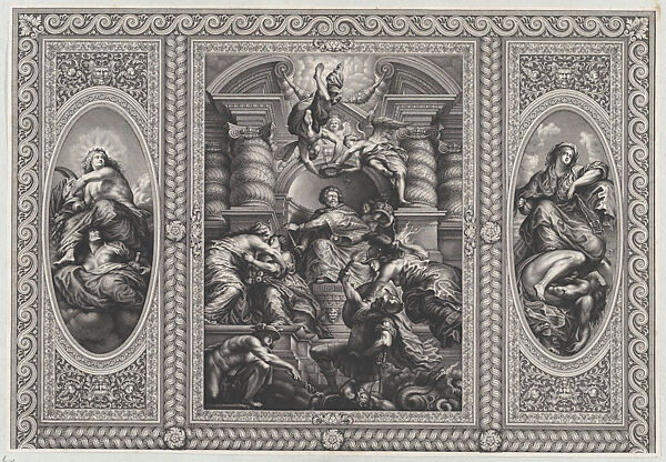 James I appointing Charles as King of Scotland at center, Minerva spearing Ignorance at right, and Hercules beating Envy at left