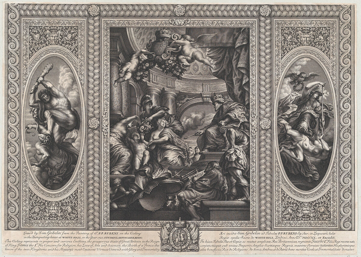 An allegorical scene showing the benefits of James' reign at center, Wise Government trampling Rebellion at right, and Liberty trampling Avarice at left, Simon Gribelin II (Paris 1661–1733, active London), Engraving 
