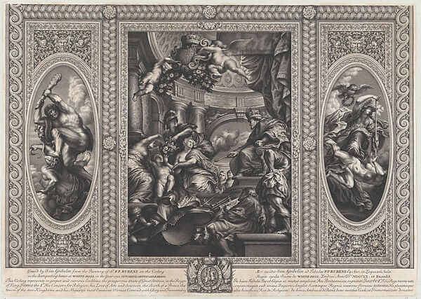 An allegorical scene showing the benefits of James' reign at center, Wise Government trampling Rebellion at right, and Liberty trampling Avarice at left