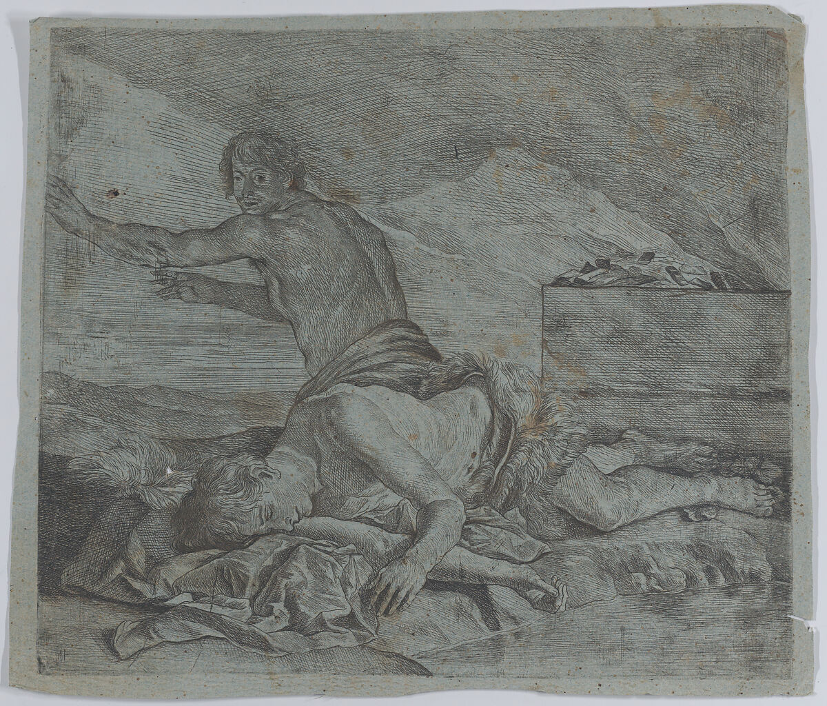 Cain fleeing after having slain Abel, After Matthias Stom (Dutch, Amersfoort?, born ca. 1599–1600, died after 1652 ?Italy), Etching on blue paper 