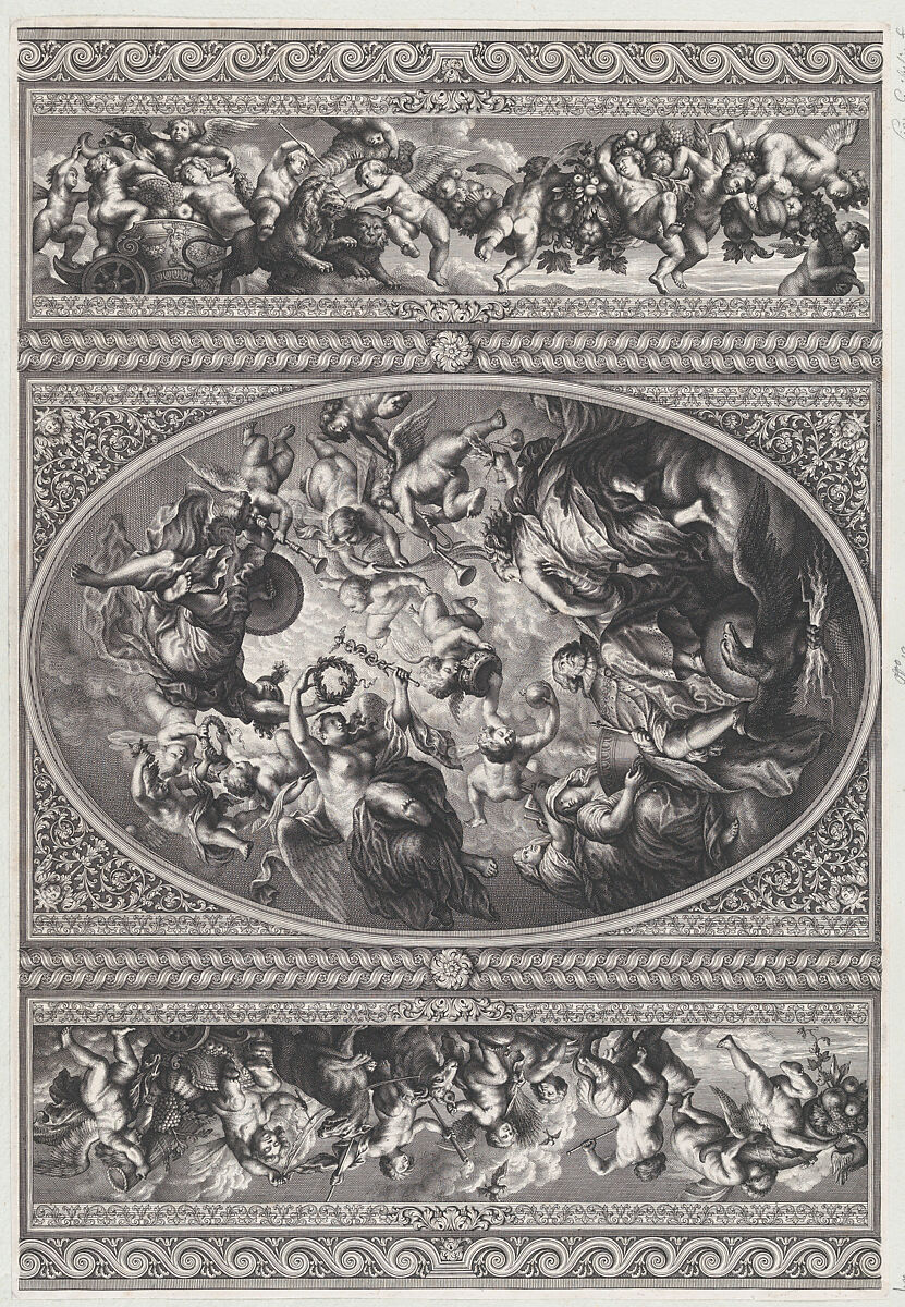 The apotheosis of James I in an oval at center, friezes with putti and garlands on either side, Simon Gribelin II (Paris 1661–1733, active London), Engraving 