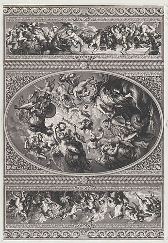 The apotheosis of James I in an oval at center, friezes with putti and garlands on either side