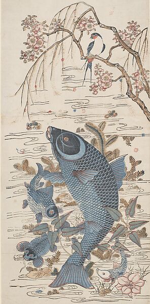 Leaping Carp, Woodblock print; ink and color on paper, China 