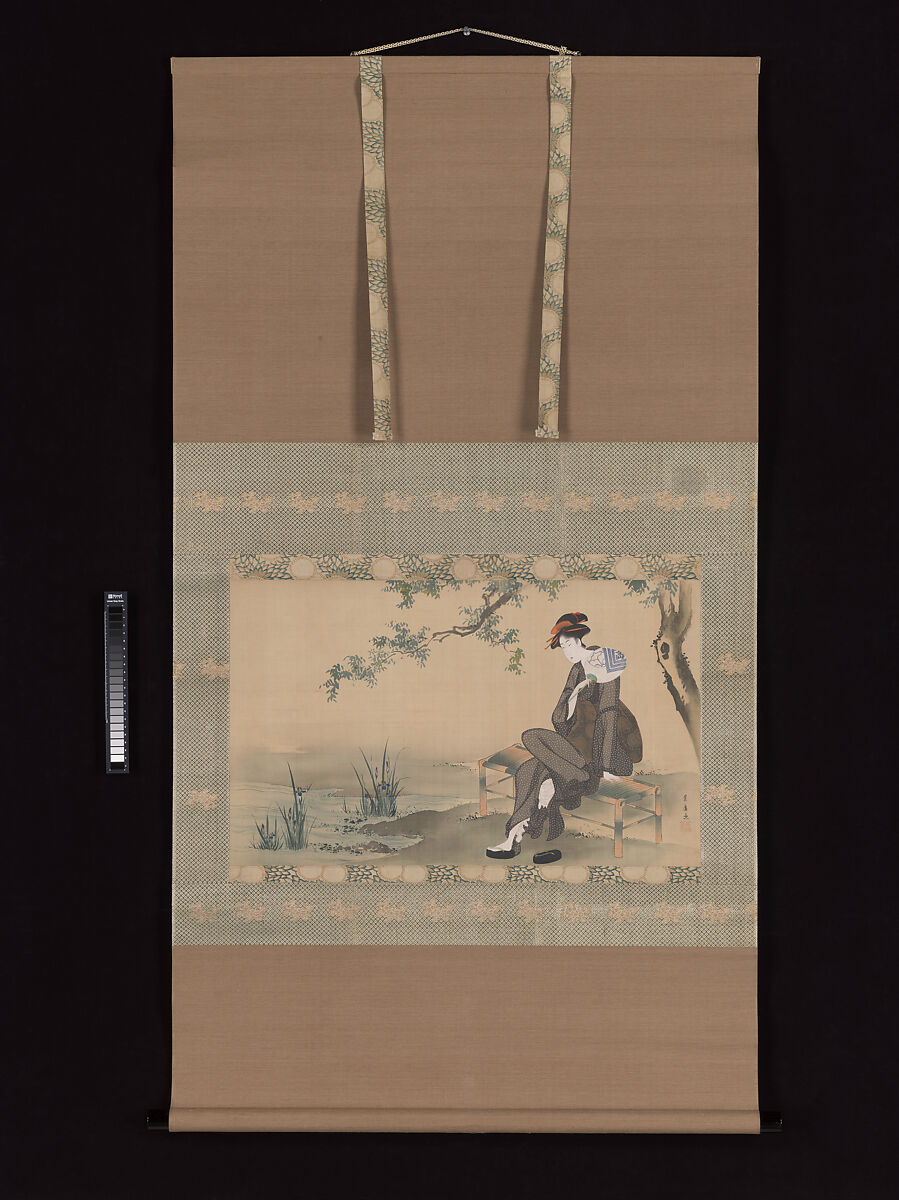 Woman Cooling Herself, Utagawa Toyohiro (Japanese, 1763–1828), Hanging scroll; ink and color on silk, Japan
