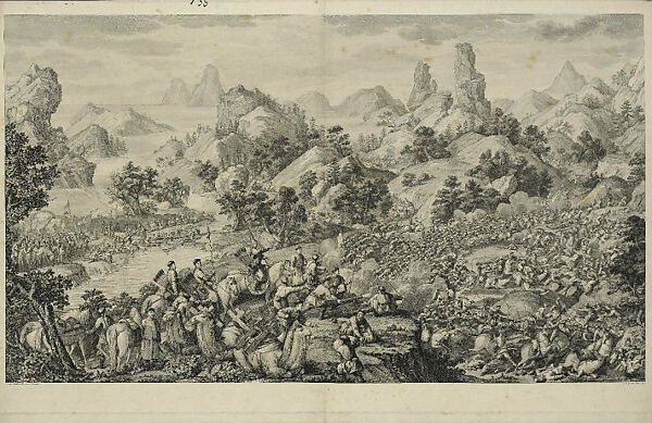 Lifting the Siege of the Black River Camp, After a drawing by Giuseppe Castiglione (Italian, Milan 1688–1766 Beijing), Copperplate etching and engraving on European paper, China 