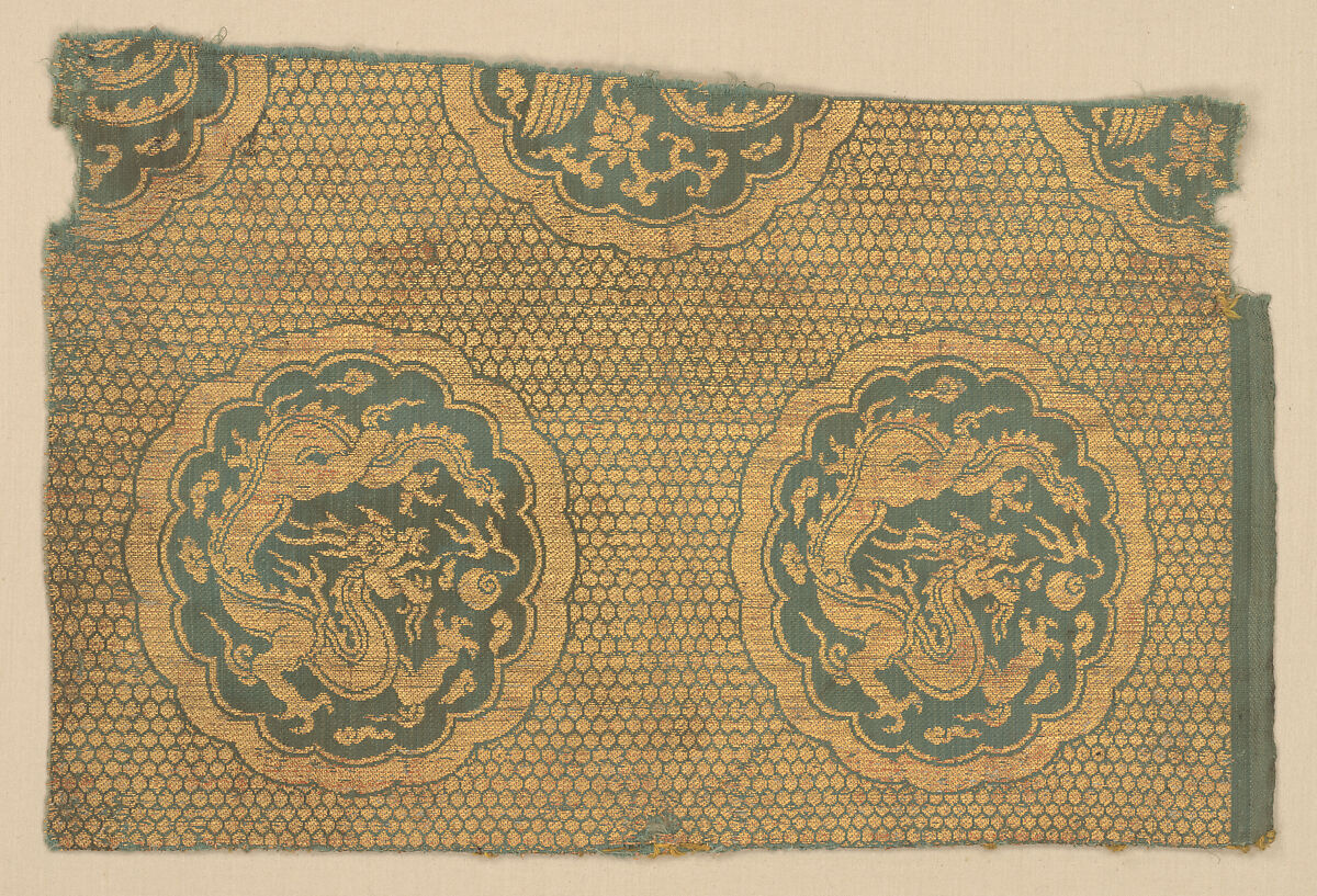 Textile with dragons and phoenixes, Silk and gold thread lampas, China