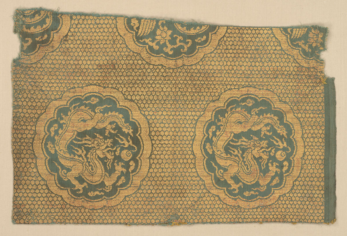 Textile with dragons and phoenixes, Silk and gold thread lampas, China 