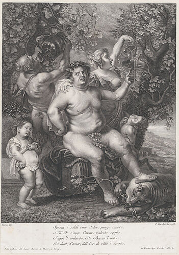 Bacchus seated on a barrel in front of grapevines, with bacchantes, satyrs, and children surrounding him