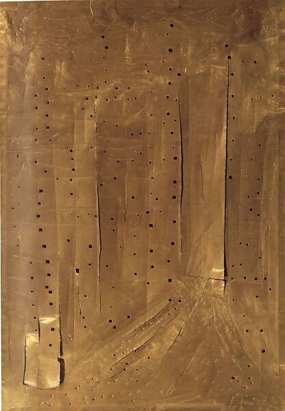 Spatial Concept, New York Skyscraper (Concetto Spaziale, New York Grattacielo), Lucio Fontana (Italian, 1899–1968), Copper with slashes, holes, and scratches 