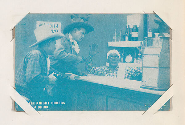 Buckskin Knight orders a drink from Western Stars or Scenes Exhibit Cards series (W412), Exhibit Supply Company, Commercial color photolithograph 