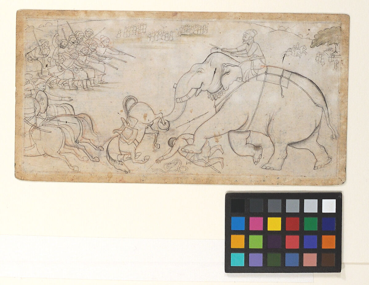 Skirmish with an Elephant, Ink on paper, India (Guler, Punjab Hills) 