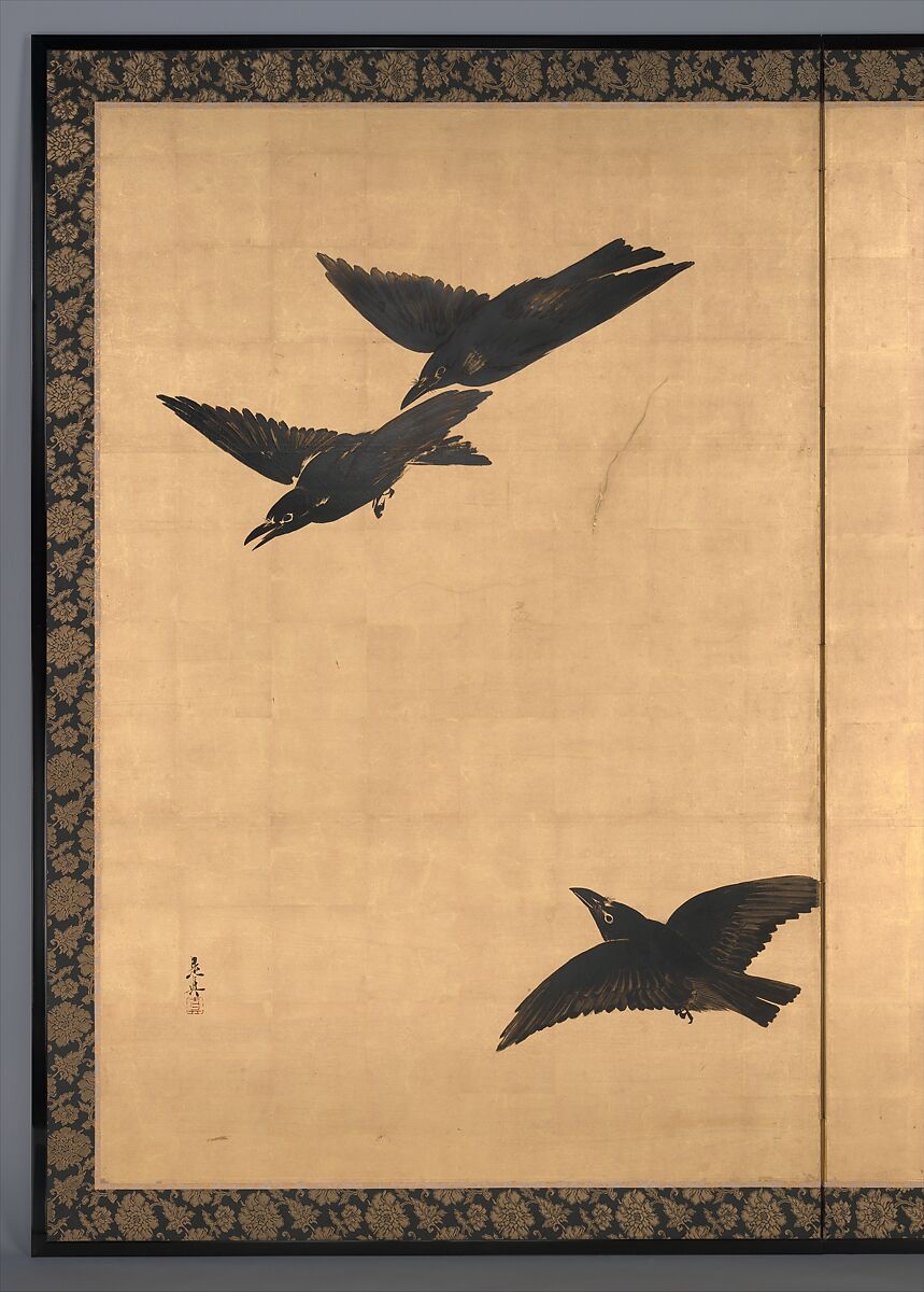 Egrets and Crows, Shibata Zeshin (Japanese, 1807–1891), Individual panels remounted as a two-panel folding screen; colored lacquer, white pigment, and gold leaf on paper, Japan