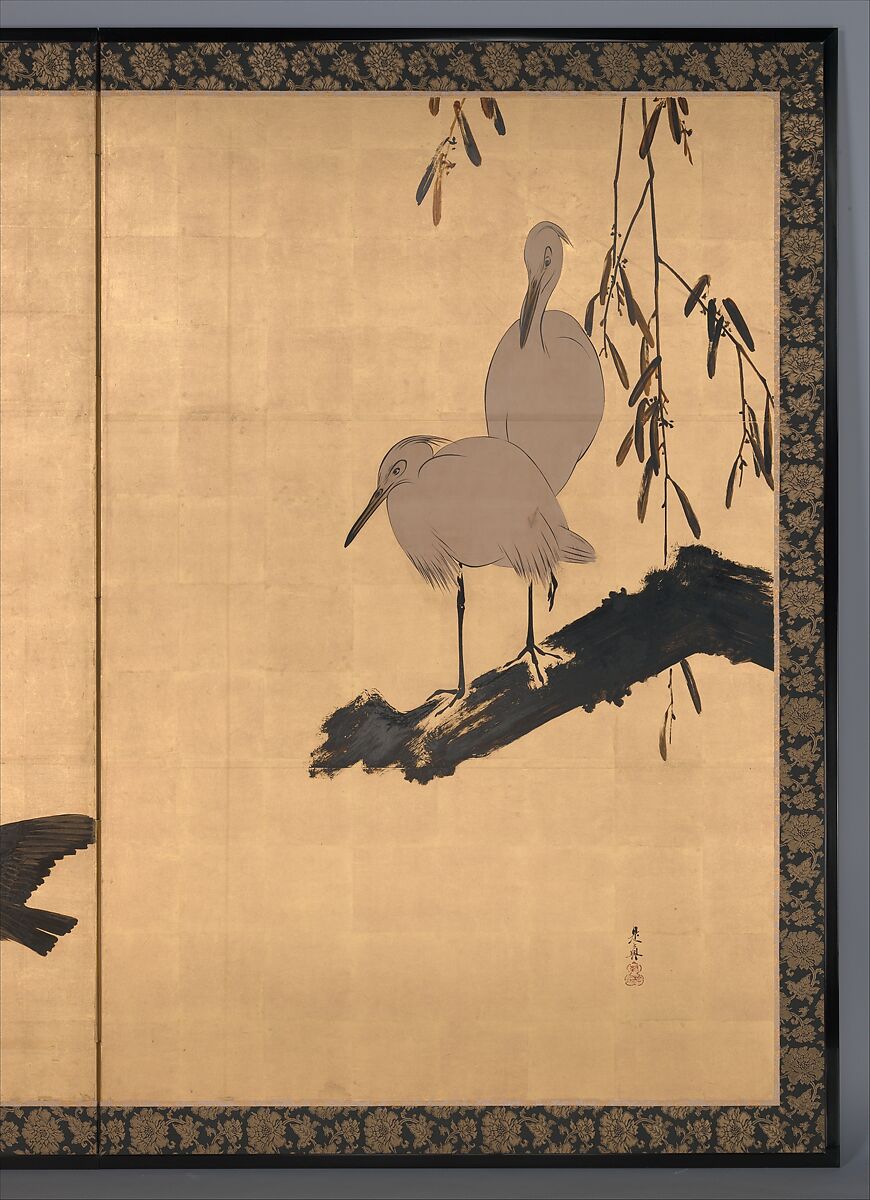Egrets and Crows, Shibata Zeshin (Japanese, 1807–1891), Individual panels remounted as a two-panel folding screen; colored lacquer, white pigment, and gold leaf on paper, Japan