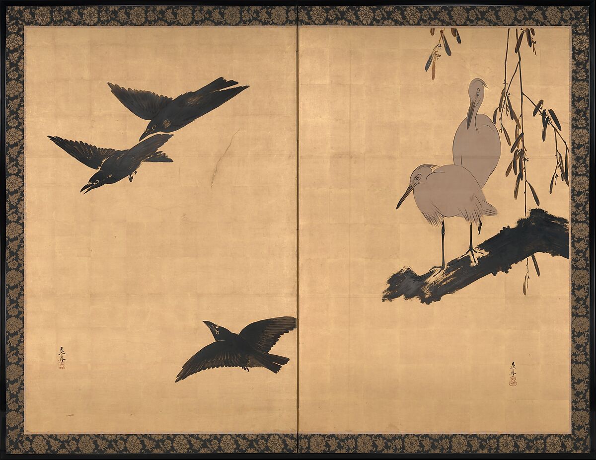 Egrets and Crows, Shibata Zeshin (Japanese, 1807–1891), Individual panels remounted as a two-panel folding screen; colored lacquer, white pigment, and gold leaf on paper, Japan 