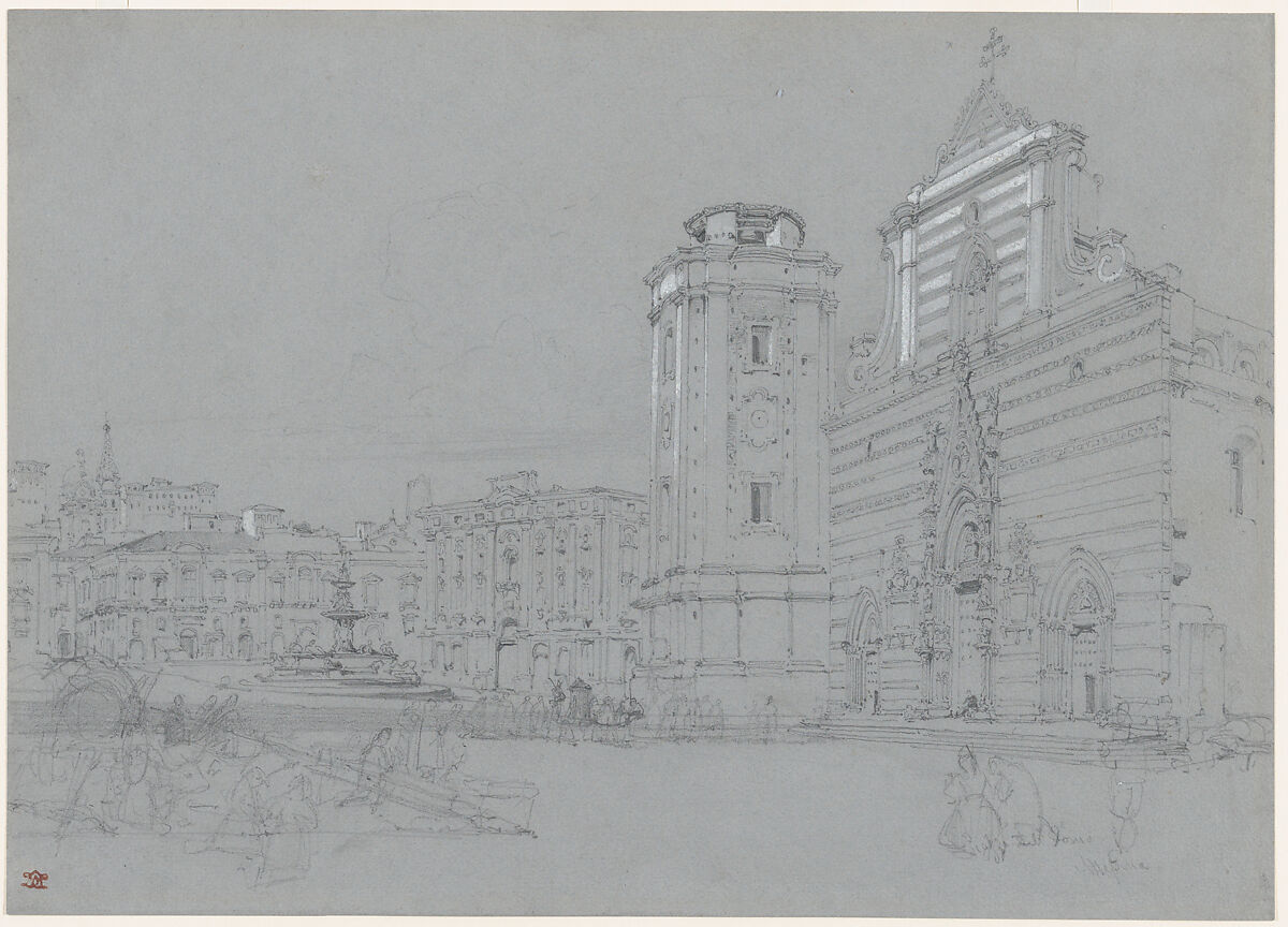 Piazza del Duomo, Messina, Sicily, William Leighton Leitch (British, Glasgow, Scotland 1804–1883 London), Graphite with white heightening 