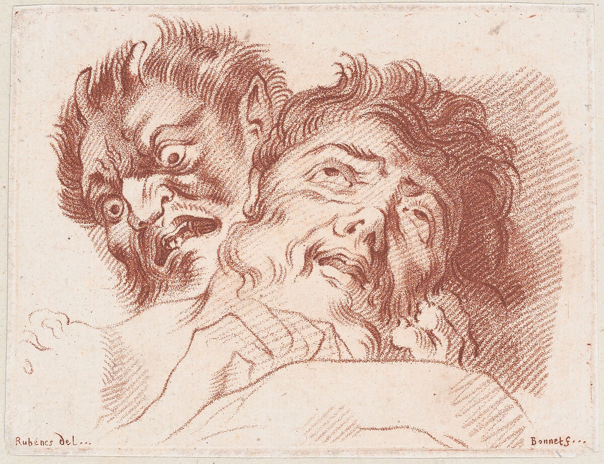 Head of a man and a satyr, Louis Marin Bonnet (French, Paris 1736–1793 Saint-Mandé, Val-de-Marne), Crayon-manner engraving with red ink 