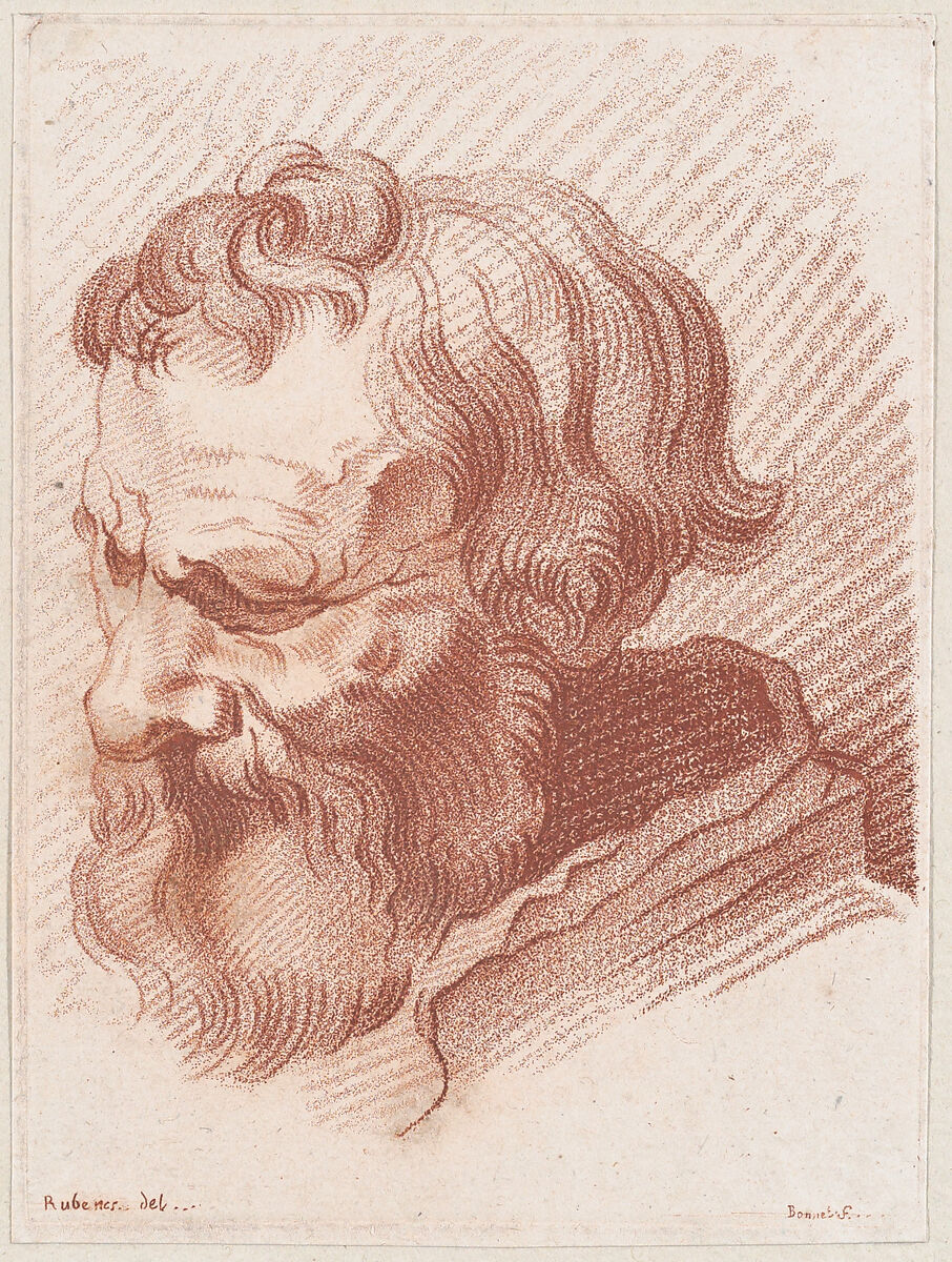 Head of a man with a beard, Louis Marin Bonnet (French, Paris 1736–1793 Saint-Mandé, Val-de-Marne), Crayon-manner engraving with red ink 