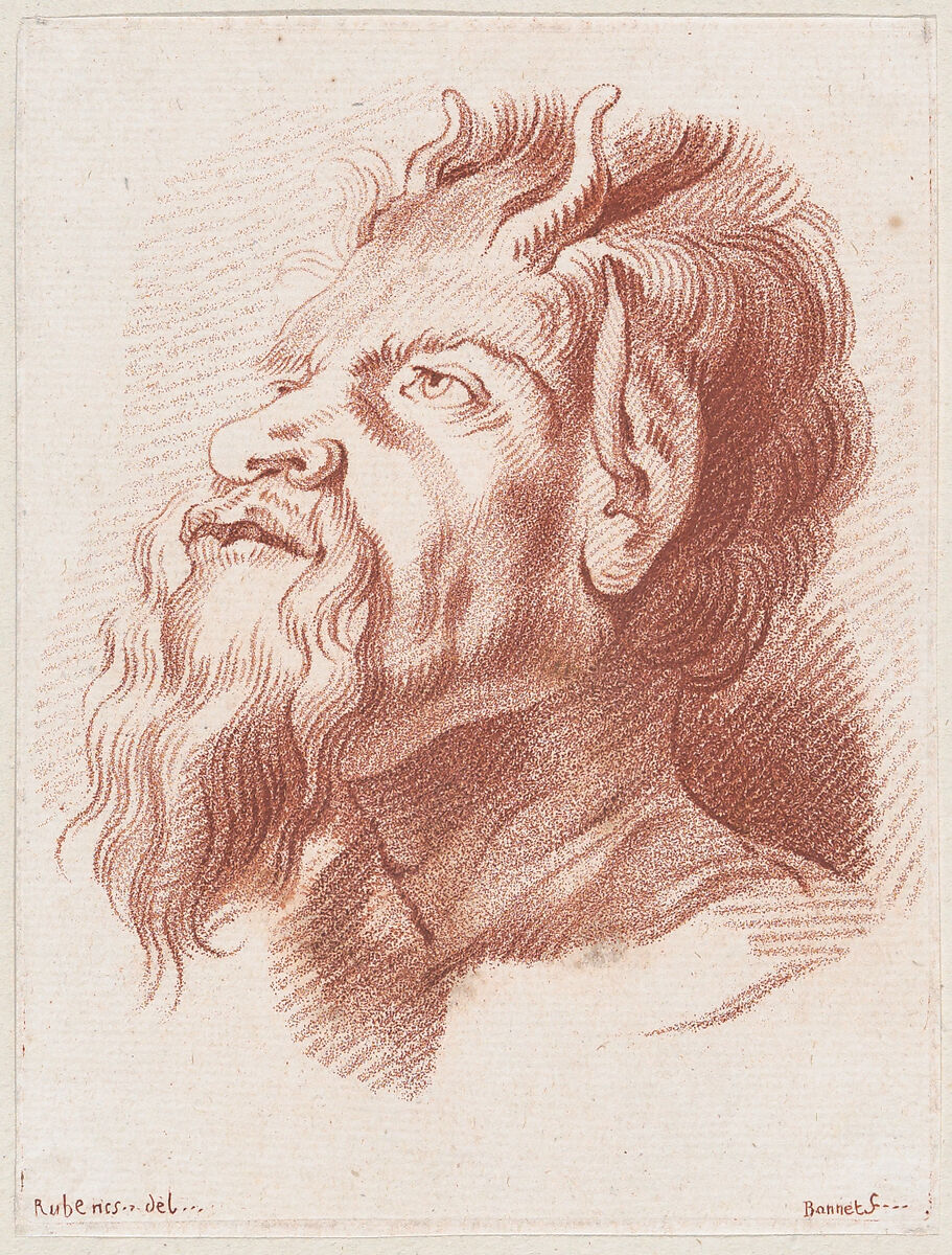 Head of a satyr, Louis Marin Bonnet (French, Paris 1736–1793 Saint-Mandé, Val-de-Marne), Crayon-manner engraving with red ink 