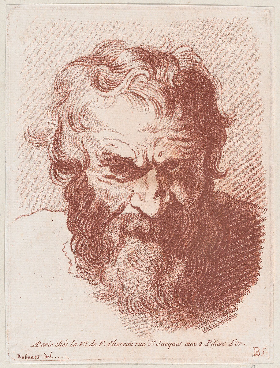Head of a man with a beard, Louis Marin Bonnet (French, Paris 1736–1793 Saint-Mandé, Val-de-Marne), Crayon-manner engraving with red ink 